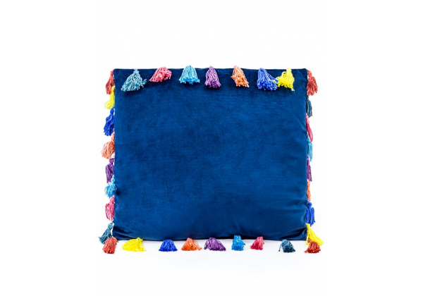 Navy Blue Large Square Velvet "Arco Iris" Tassel Cushion