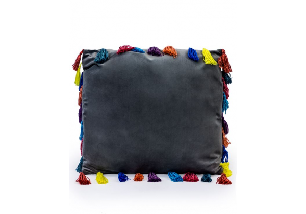 Stone Grey Large Square Velvet "Arco Iris" Tassel Cushion