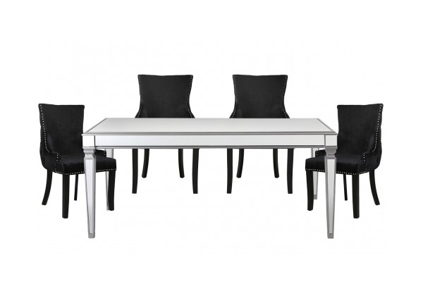 Apolco Silver Mirrored Dining Set With 4 Tufted Back Black Chairs
