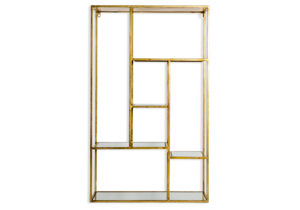 ANTIQUE GOLD/BRONZE METAL WALL UNIT WITH MIRRORED SHELVES