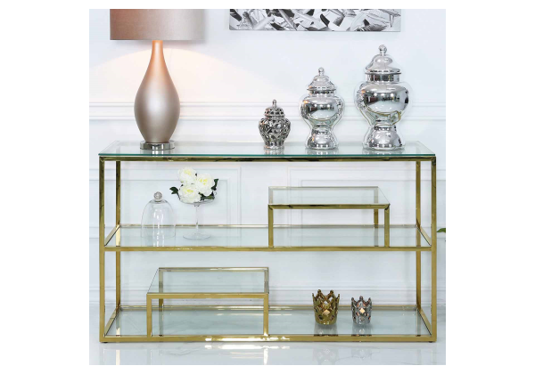 Gold Steel and Clear Glass Tiered Console Table