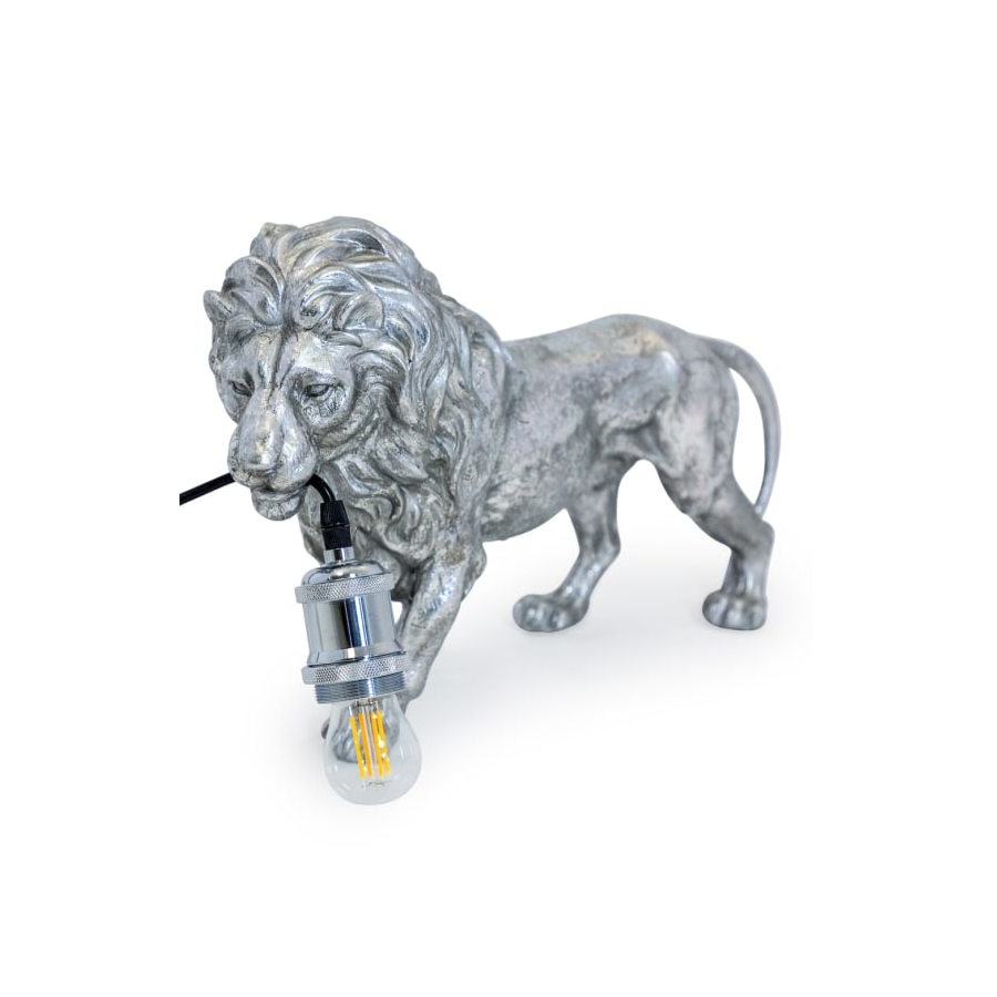ANTIQUE SILVER PROWLING LION TABLE LAMP ANTIQUE SILVER PROWLING LION TABLE LAMP