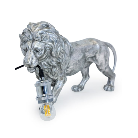 ANTIQUE SILVER PROWLING LION TABLE LAMP