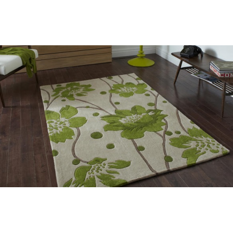 Green and Beige Flower and Stem Rug
